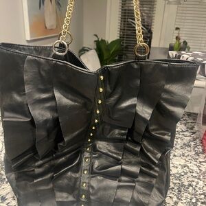 Chic Black Ruffled Tote with Gold Chain